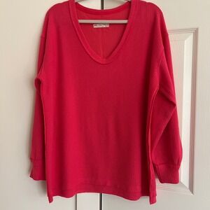 We The Free Free People Hot Pink Waffle Knit Thermal V-Neck Top XS/TP